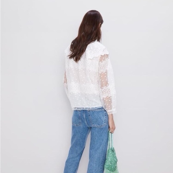NWT Zara High Collar White Long Sleeve Sheer Ruffle Blouse Small - Picture 2 of 8